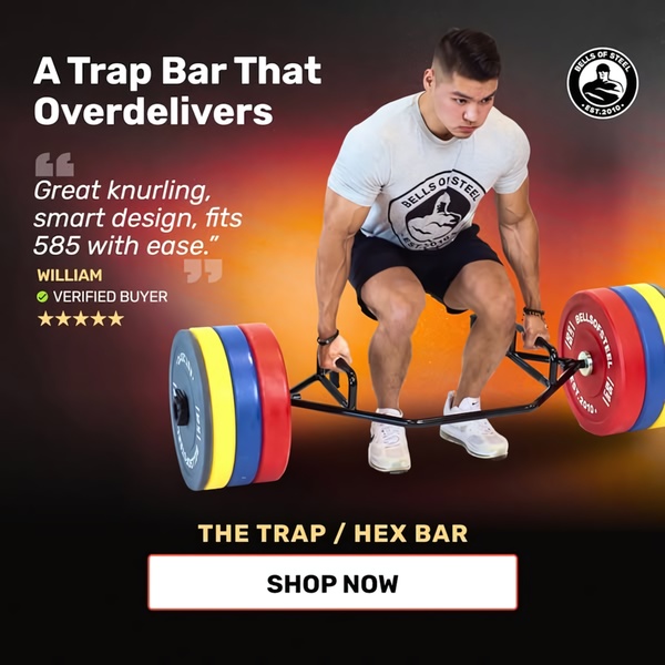 A square ad creative featuring a user demonstrating a trap bar lift with a verified customer quote overlaid, highlighting product performance and build quality.